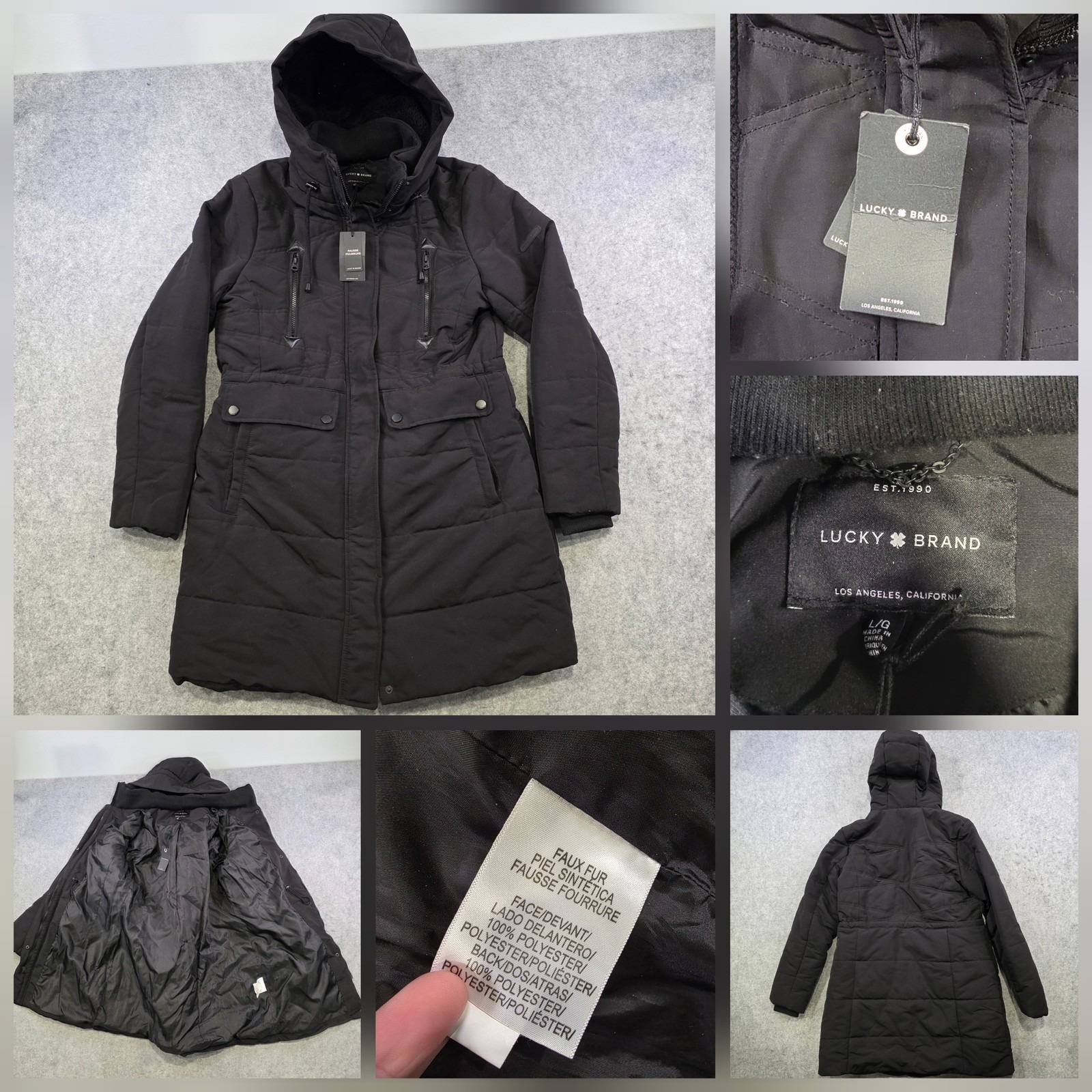 Lucky Brand Coat Womens Large Black Faux Fur Lined Hooded Quilted Parka Jacket